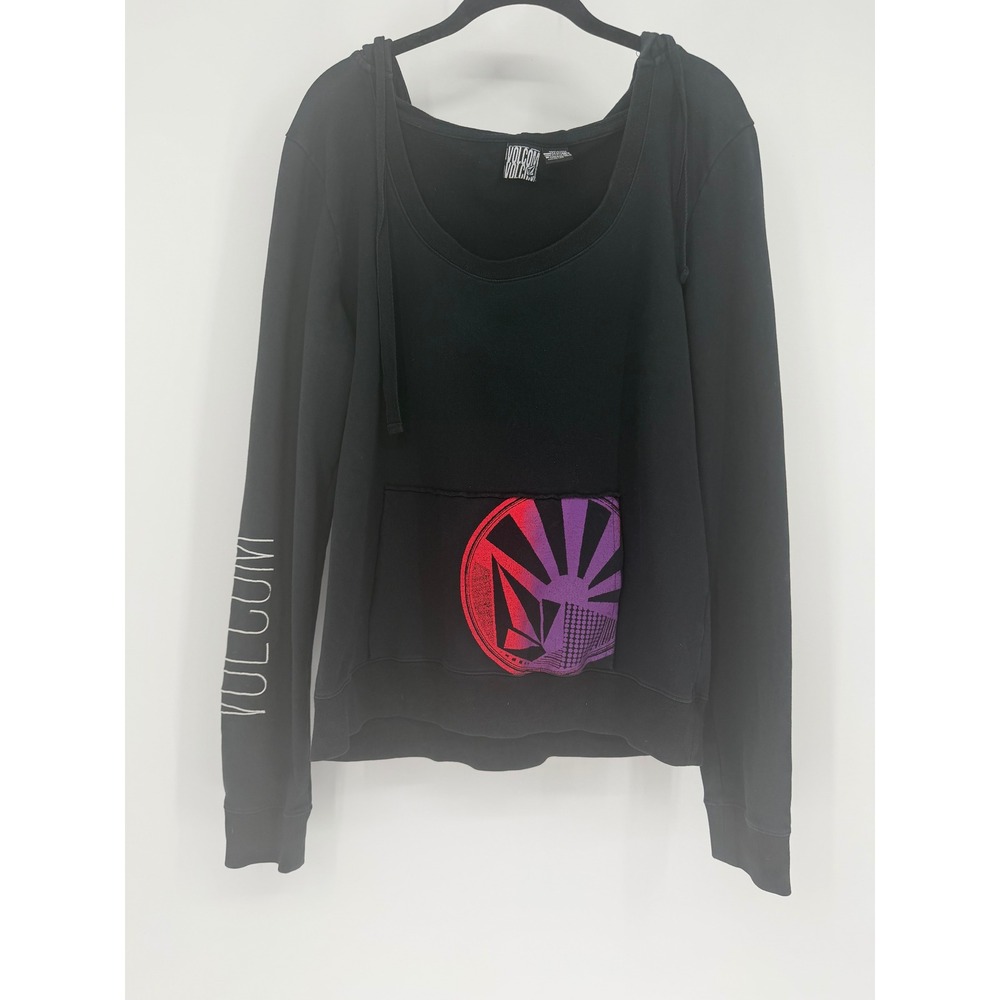 Volcom Womens Black Scoop Neck Hoodie Graphic Pocket Sleeve Logo Pullover Large